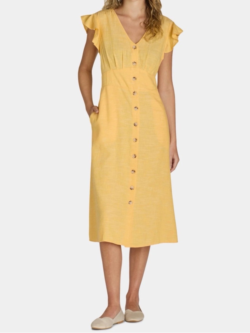 Time and Tru Yellow Button-Front High-Low Midi Dress